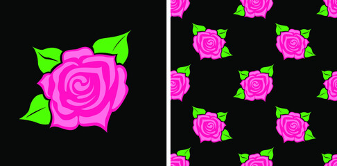 Beautiful colorful Rose isolated on black background is in Seamless pattern - vector illustration