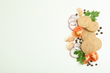 Concept of tasty food, liverwurst sausage, space for text