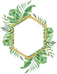 Watercolor hand painted tropical frame with leaves and plants. Green jungle foliage wreath perfect for summer wedding invitation and party card making