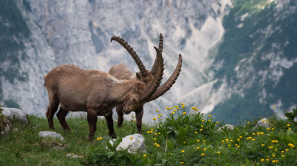 Alpine ibex in the mountains in the morning