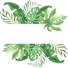 Watercolor hand painted tropical frame with leaves and plants. Green jungle foliage wreath perfect for summer wedding invitation and party card making