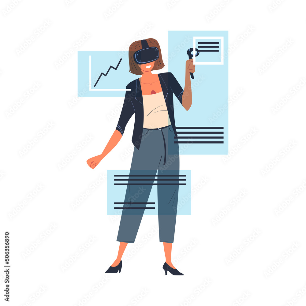 Poster woman wearing virtual reality headset working with graph and document immersed in abstract vr world 