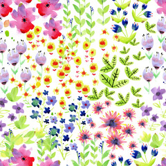 Seamless pattern with watercolor flowers. Bright, fresh and juicy. Perfect for fabric, home textile, sketchbook or notebook cover, wrapping paper, wallpaper.