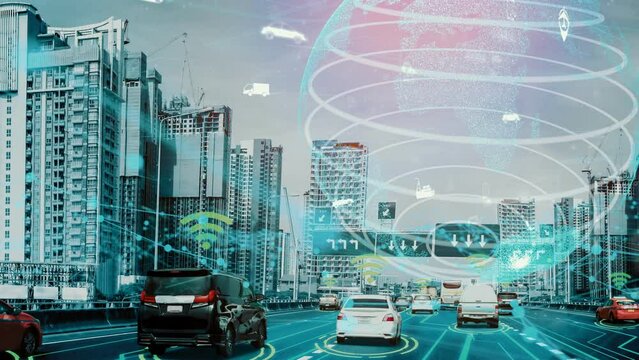 Smart transport technology concept for future car traffic on newish city road . Virtual intelligent system makes digital information analysis to connect data of vehicle on city street .