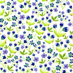 Seamless pattern with watercolor flowers. Bright, fresh and juicy. Perfect for fabric, home textile, sketchbook or notebook cover, wrapping paper, wallpaper.