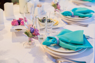 Served dishes on the festive wedding table, for guests
