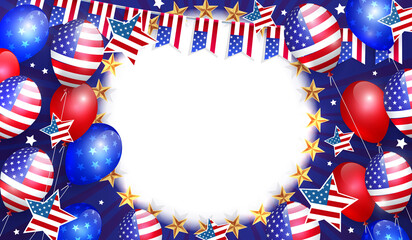 Festive blue illustration with round frame, balloons, USA Independence Day