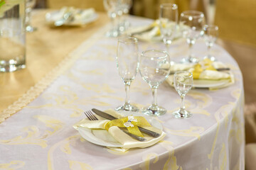 Served dishes on the festive table in the restaurant