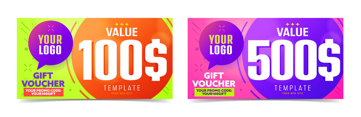 Gift voucher template set 100 and 500 dollar and promo code