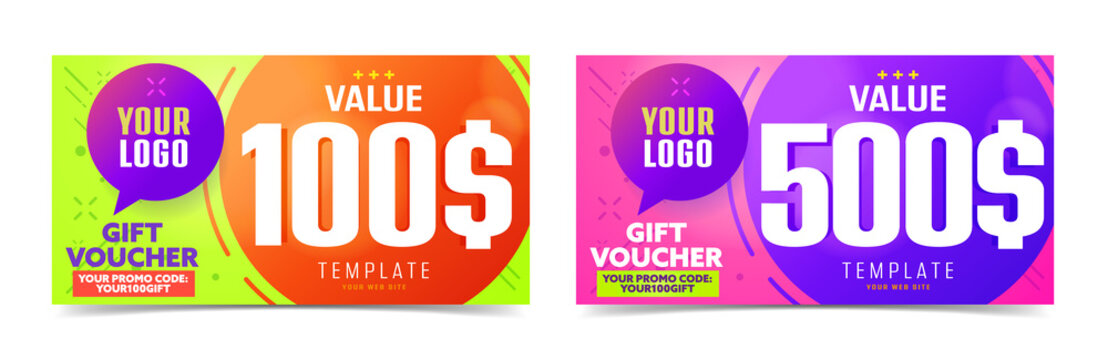 Gift voucher template set 100 and 500 dollar and promo code