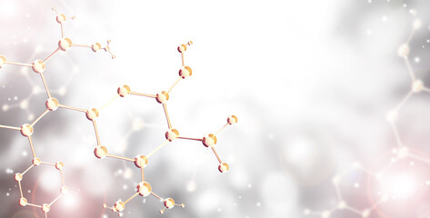 Horizontal banner with model of abstract molecular structure. Background of gray color with atom and sparks