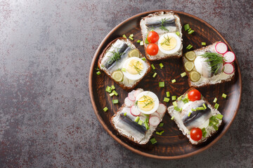 Open rye bread sandwiches with butter, sprat fillet, eggs, various vegetables close-up in a plate on the table. horizontal top view from above