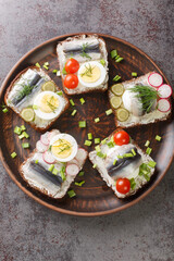Kiluvoileib Estonian open sandwich consists of a slice of rye bread that is topped with a marinated sprat fillet, eggs, vegetables and herbs close-up in a plate on the table. vertical top view