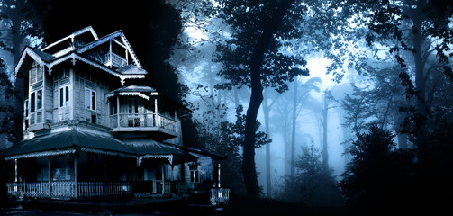 Horizontal Halloween banner with haunted house. Old abandoned house in the night forest
