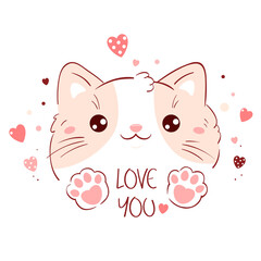 Cute Valentine card in kawaii style. Lovely cat with pink hearts. Inscription Love you - obrazy, fototapety, plakaty