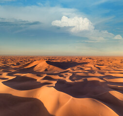 Fototapeta na wymiar Aerial view on big sand dunes, landscape in Sahara desert at sunrise