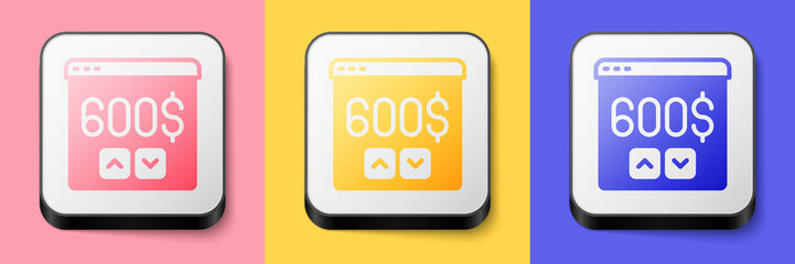 Isometric Monitor with dollar icon isolated on pink, yellow and blue background. Sending money around the world, money transfer, online banking, financial transaction. Square button. Vector