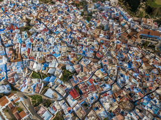 Aerial top view of famous Medina blue old city Chefchaouen, Morocco