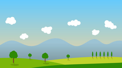 landscape cartoon scene with tree on green hills and white cloud in summer blue sky background