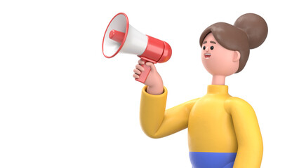3D illustration of smiling woman Angela making announcement with megaphone loudspeaker.3D rendering on white background.
