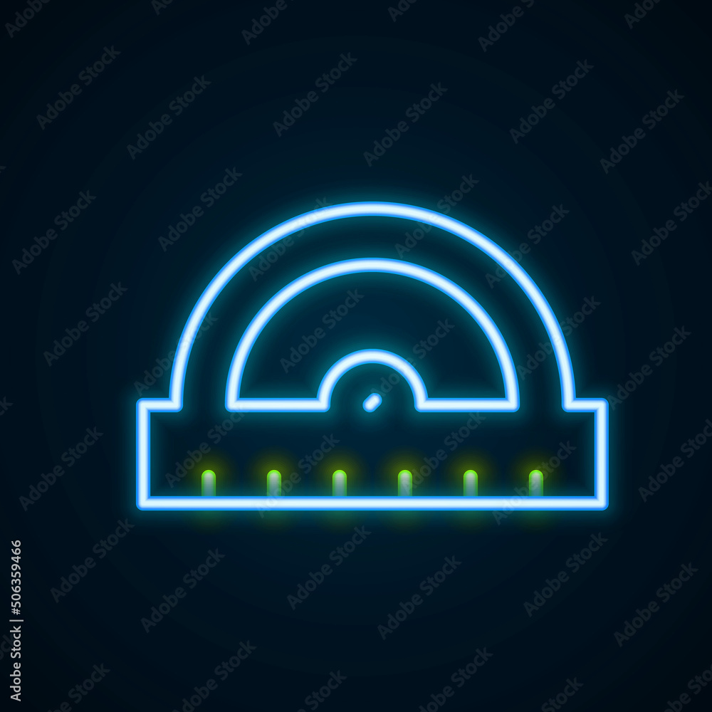 Poster glowing neon line protractor grid for measuring degrees icon isolated on black background. tilt angl