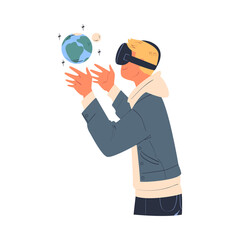 Fototapeta na wymiar Man Wearing Virtual Reality Headset Watching Planet Immersed in Abstract VR World Vector Illustration