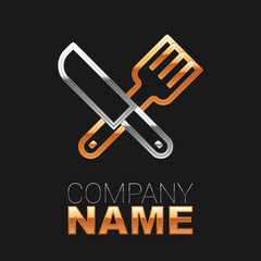 Line Crossed knife and fork icon isolated on black background. Cutlery symbol. Colorful outline concept. Vector