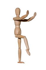 wooden mannequin shows dance movement, isolated on white background