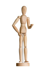 wooden man mannequin posing on stand isolated on white background