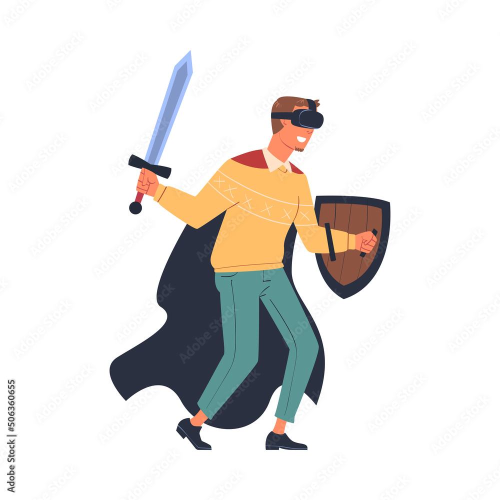 Poster man wearing virtual reality headset with sword and shield fighting immersed in abstract vr world vec