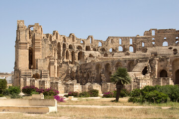 Fototapeta premium The Amphitheatre of El Jem is an oval amphitheatre in the modern-day city of El Djem, Tunisia, formerly Thysdrus in the Roman province of Africa.