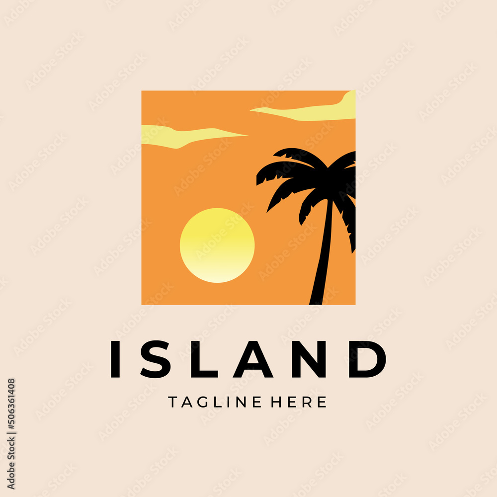 Poster beach logo design and tropical island vector template