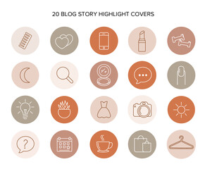 Minimalistic large set of highlights Covers. Abstract patterns  and stamps in a feminine palette. Line style graphics isolated vector template. Icons in a circle on a white background.