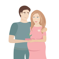 Obraz premium Happy mothers day family love concept. Pregnant woman with man and small green plant in pot. Vector illustration