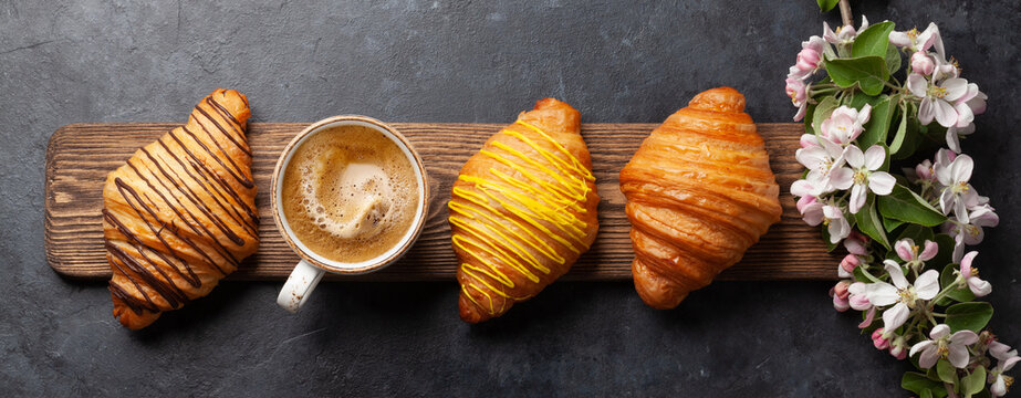 Various croissants and coffee