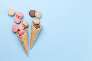 Various macaroon cookies in ice cream cones