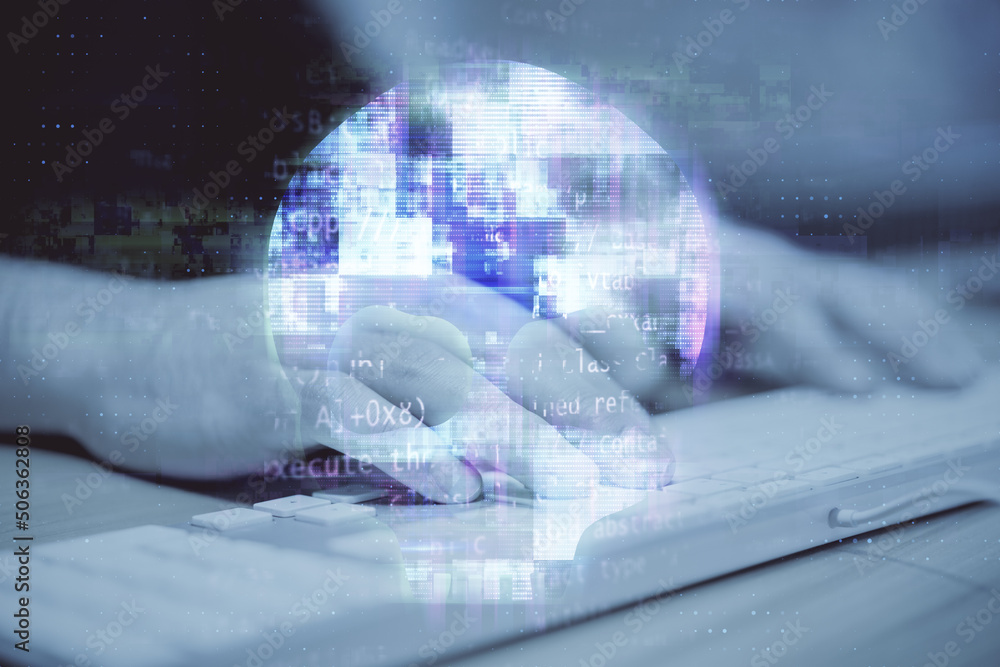 Poster Close up of hands using keyboard with human skull hologram. Web danger, hacking and phishing concept. Double exposure.