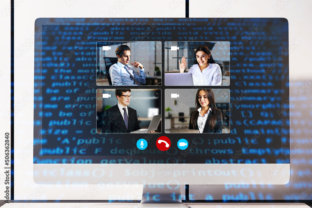 Poster Close up of computer monitor with creative video conference call on screen. Work, home and remote team concept.