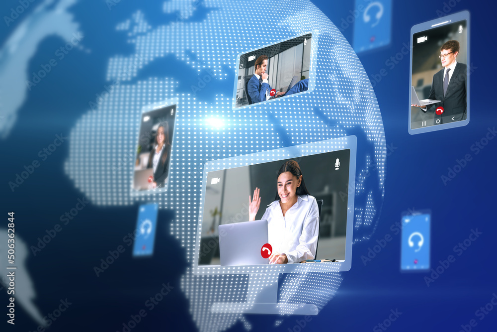 Aufkleber Abstract globe map with computer screens and creative video conference call between attractive young european businesspeople. Digital blue background. Work, home and remote team concept.