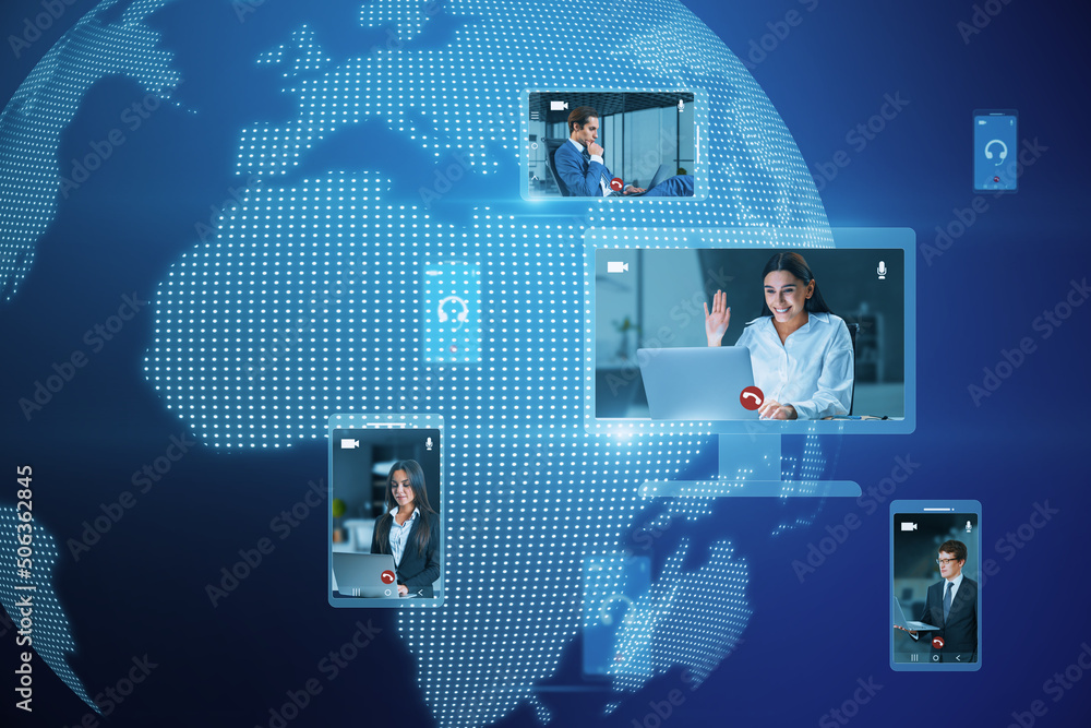 Poster Abstract globe map with computer screens and creative video conference call between attractive young european businesspeople. Digital blue backdrop. Work, home and remote team concept.
