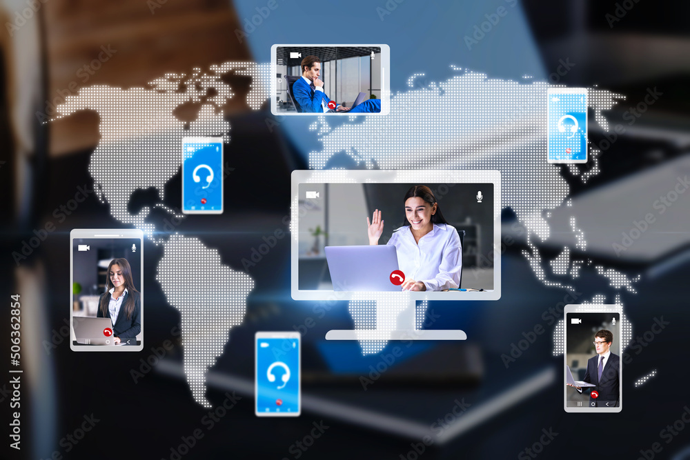 Poster workplace with devices and creative globe map with computer screens and creative video conference ca