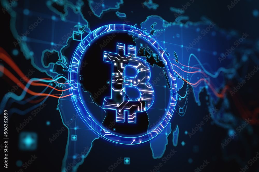 Poster Cryptocurrency and modern money concept with bright digital bitcoin sign in a circle on world map background. 3D rendering