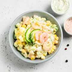 Citrus avocado shrimp salad. Top view, copy space.