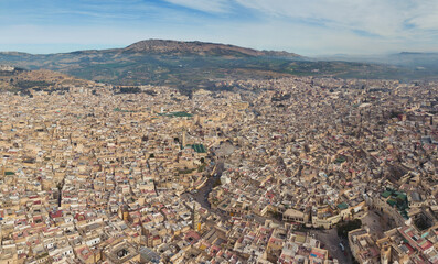 Aerial panorama of the old Medina in Fes, Morocco, Fes El Bali Medina