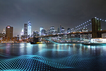 Modern city wallpaper with abstract polygonal wave waterfront mesh at night. Double exposure.