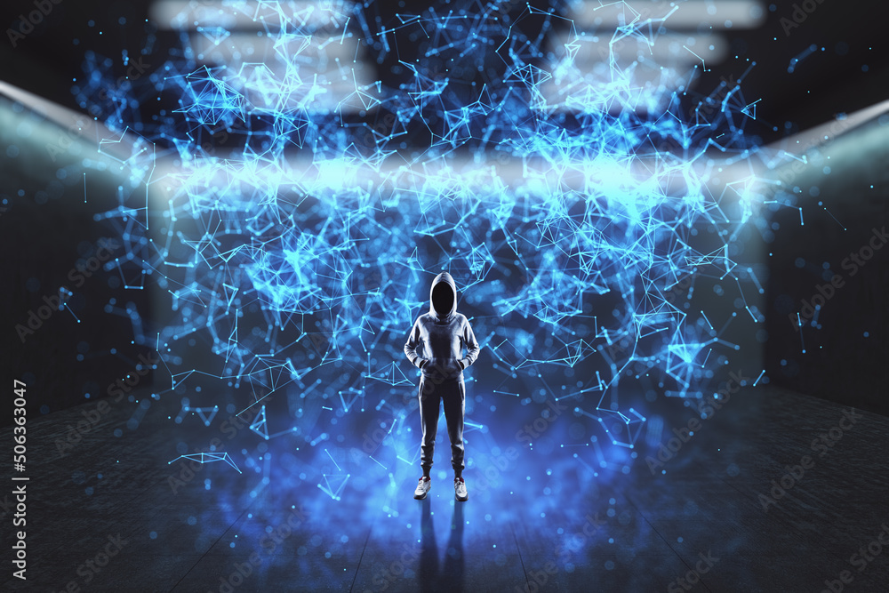 Leinwandbilder hacker standing in abstract room interior with blue polygonal mesh. technology, security and web hac