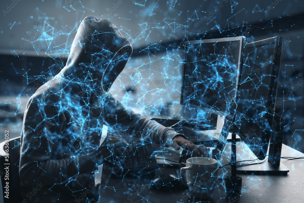 Aufkleber Hacker using computers at desktop in abstract blurry office interior with blue polygonal mesh. Technology, security and web hacking concept. Double exposure.
