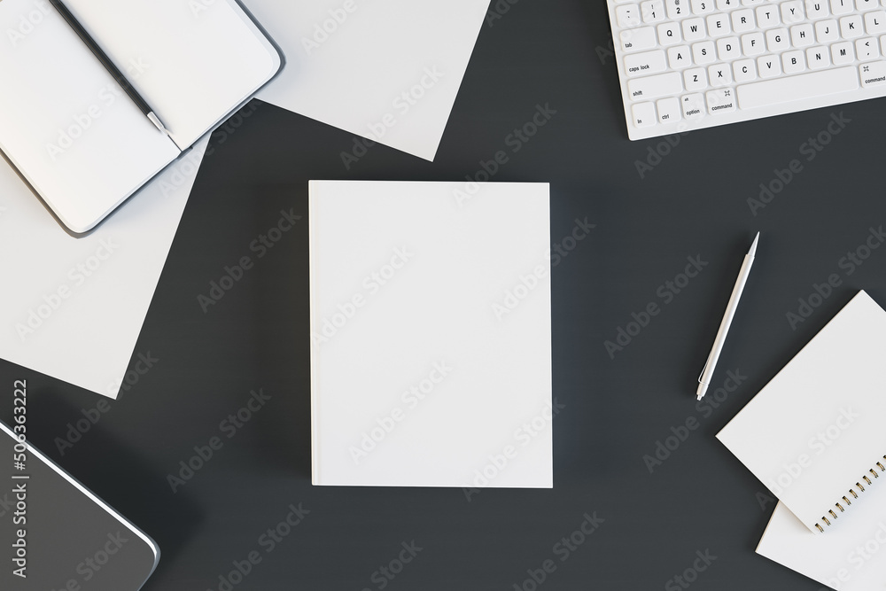 Poster top view of empty white notebook on black desktop with supplies. work, diary, homework and workplace