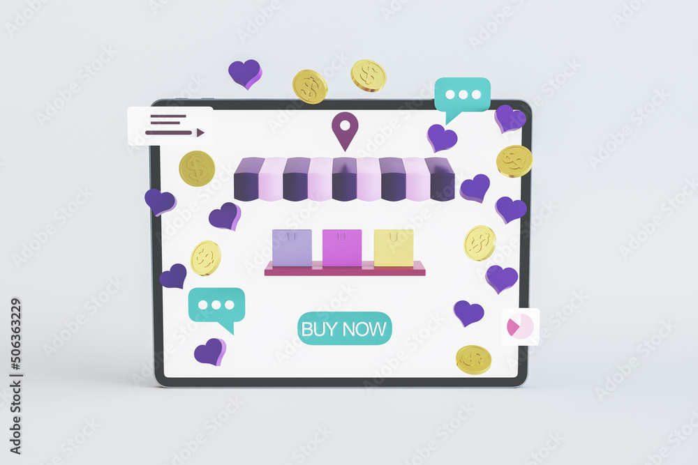 Poster Mobile phone application and digital marketing concept with online shopping process from digital tablet, internet technology for fast delivery. 3D rendering