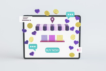 Mobile phone application and digital marketing concept with online shopping process from digital tablet, internet technology for fast delivery. 3D rendering